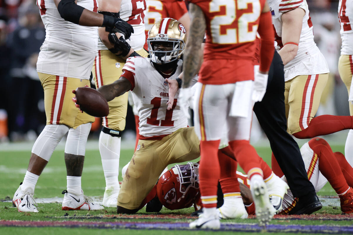 San Francisco 49ers wide receiver Brandon Aiyuk (11) gestures for a first down during the secon ...