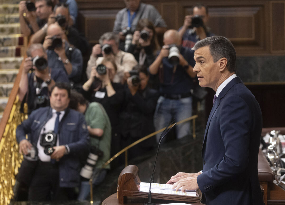 Spain's Prime Minister Pedro Sanchez speaks in the Spanish Parliament in Madrid, May 22, 2024. ...