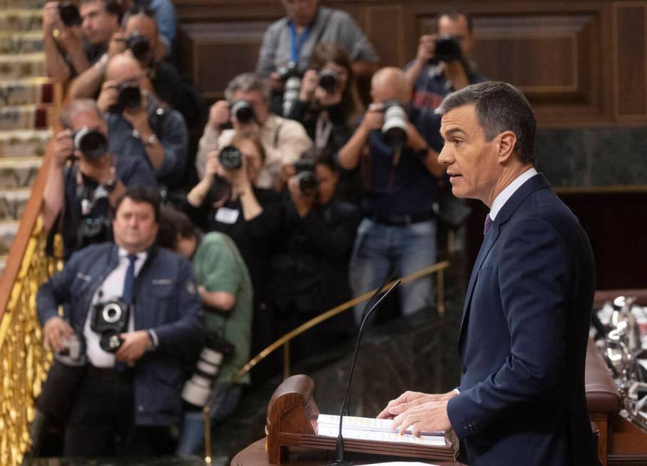 Spain's Prime Minister Pedro Sanchez speaks in the Spanish Parliament in Madrid, May 22, 2024. ...