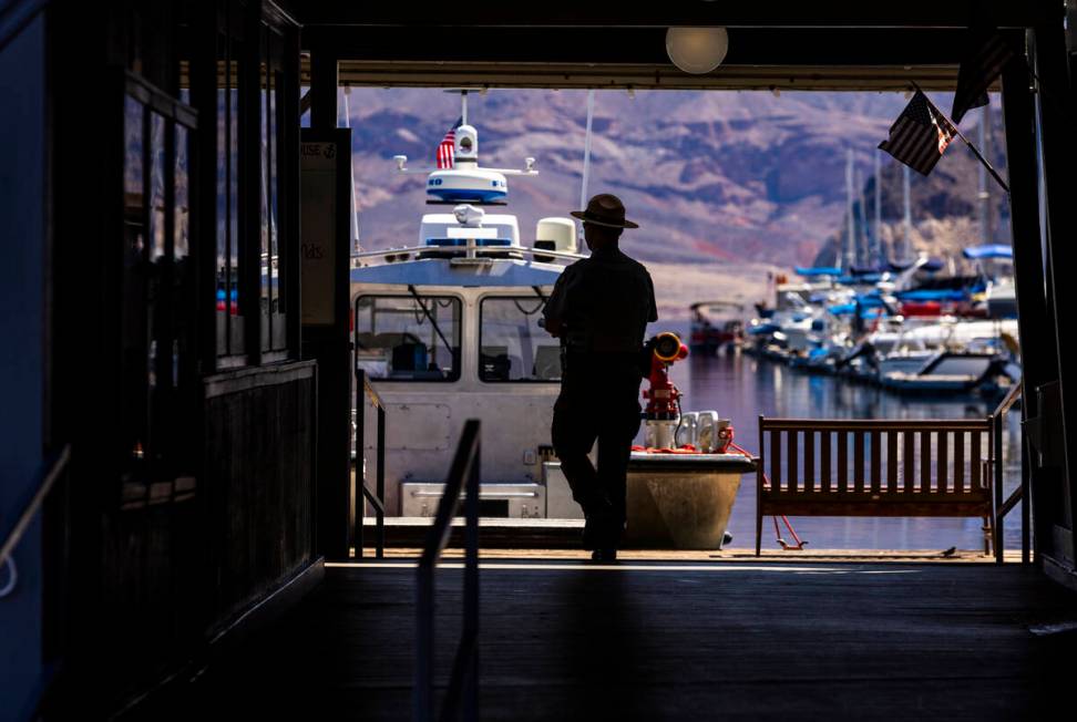 A ranger walks about the Lake Mead Marina during a safe boating media event at the Lake Mead Na ...