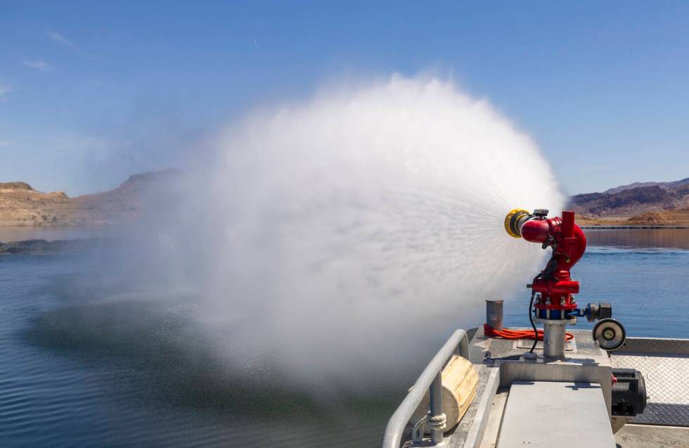 A fireboat discharges it's water canon during a safe boating media event at the Lake Mead Natio ...