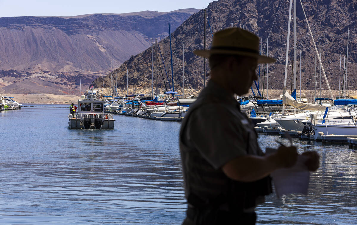 A fire boat leaves the Lake Mead Marina dock during a safe boating media event at the Lake Mead ...