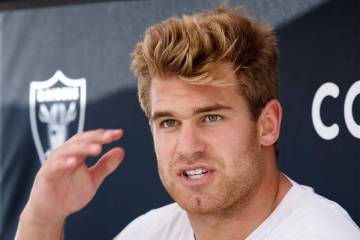Raiders tight end Michael Mayer addresses the media after participating in organized team activ ...