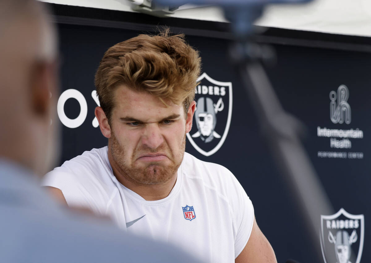 Raiders tight end Michael Mayer pauses as he addresses the media after participating in organiz ...