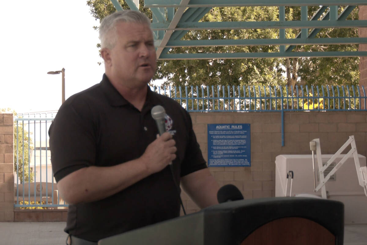 Daniel Pentowski, president of Henderson Professional Fire Fighters, speaks at a water safety e ...
