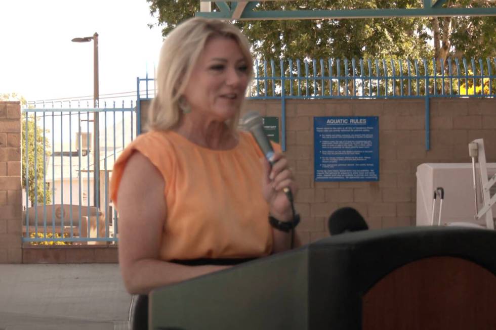 Henderson Mayor Michelle Romero speaks at a water safety event Wednesday, May 22, 2024, at Well ...