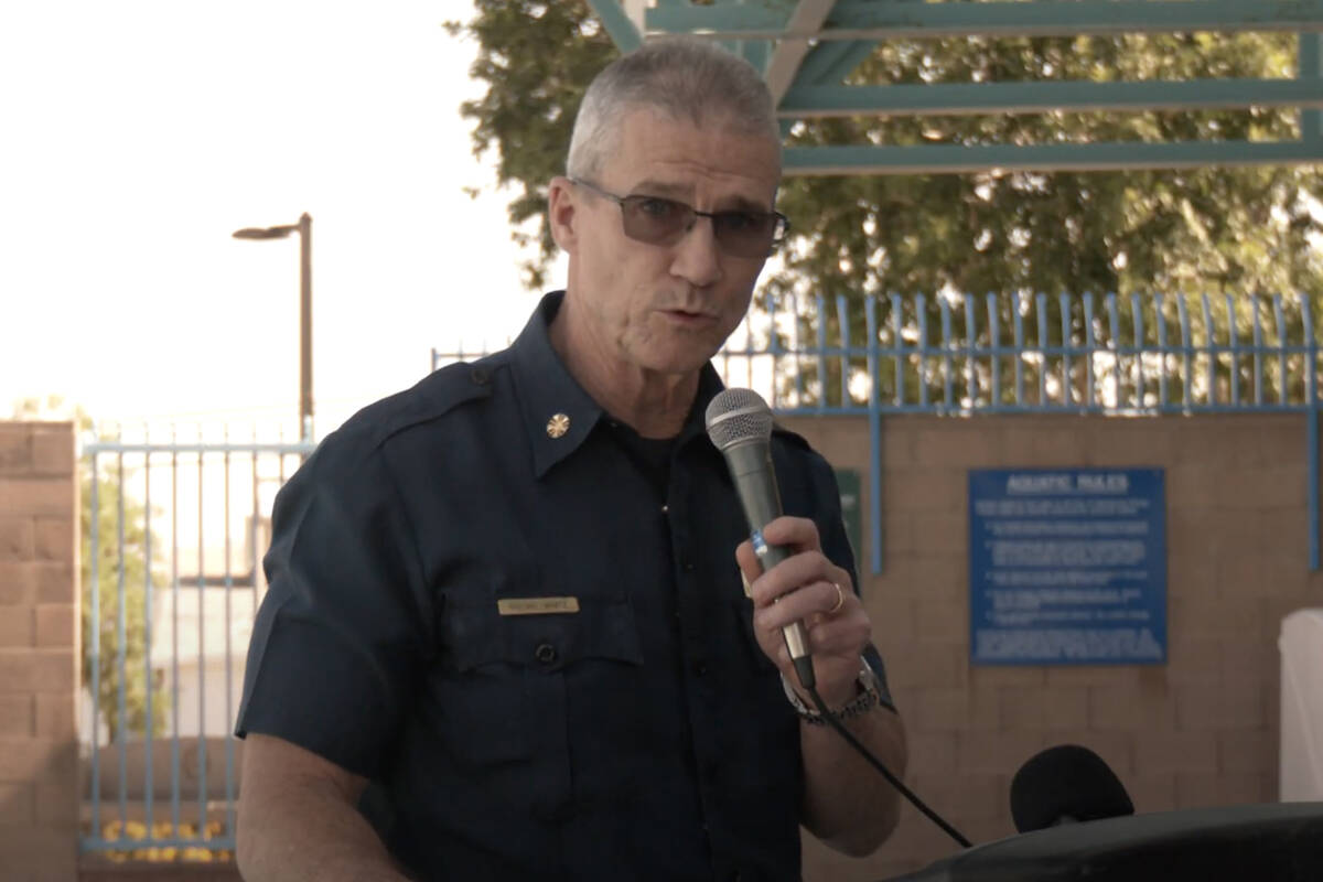 Henderson Fire Chief Shawn White speaks at a water safety event Wednesday, May 22, 2024, at Wel ...