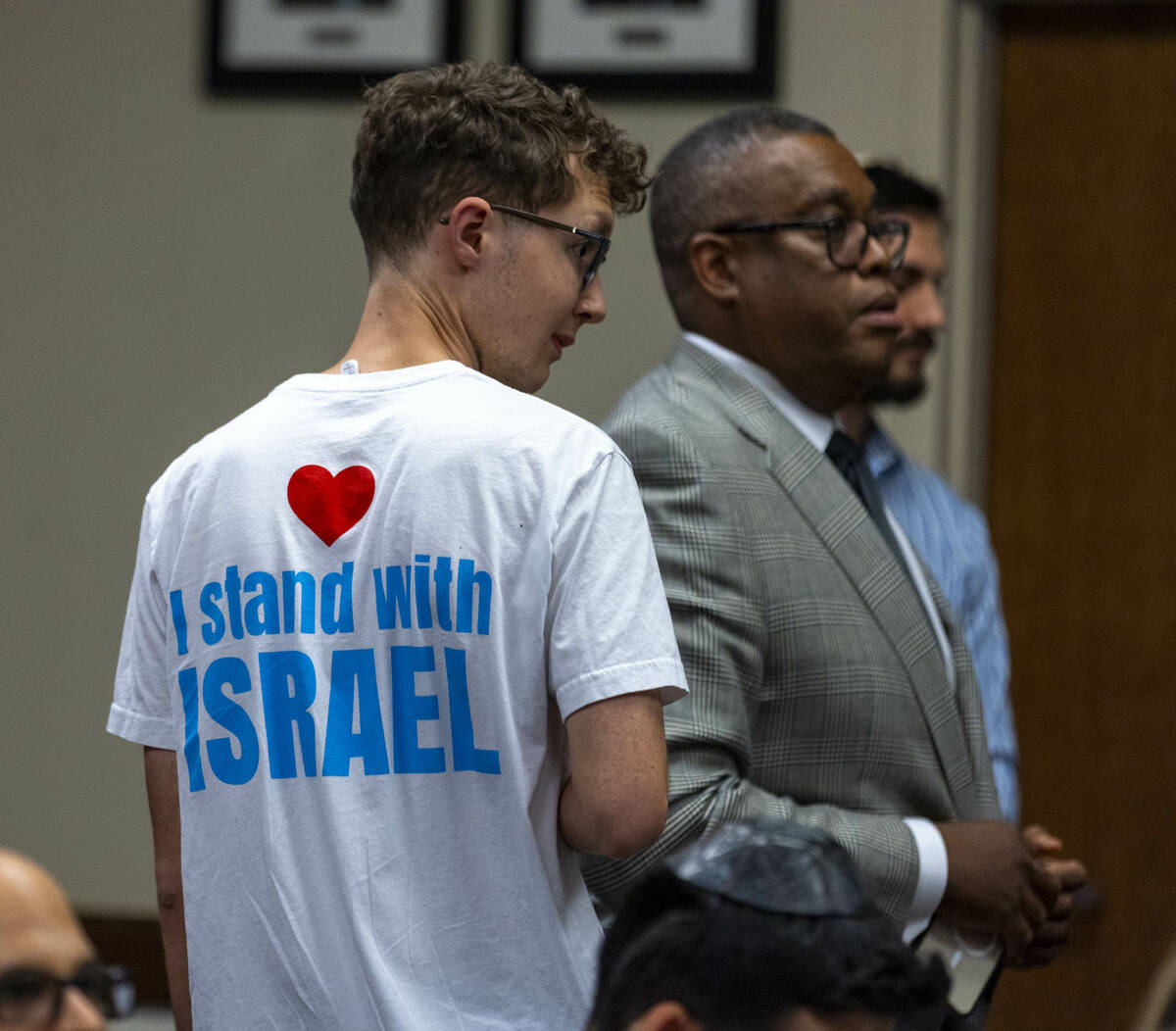 UNLV sophomore Lev Aton wears a pro-Israel t-shirt in an NSHE Board of Regents meeting where pr ...