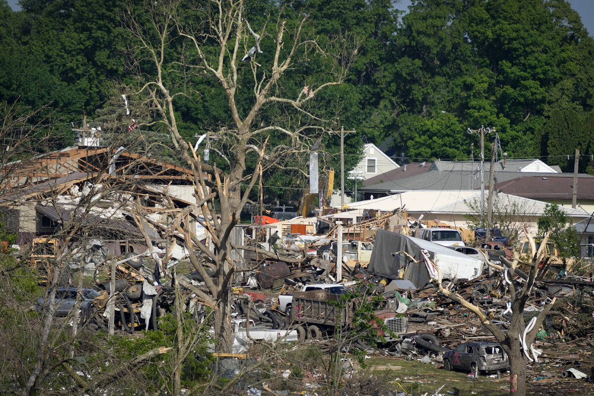 Tornado damaged property is seen, Wednesday, May 22, 2024, in Greenfield, Iowa. (AP Photo/Charl ...
