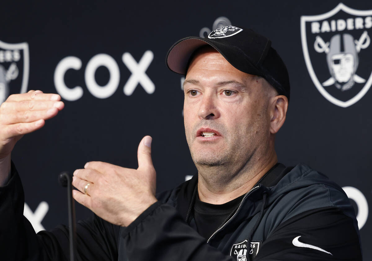 Raiders special teams coordinator Tom McMahon speaks during a news conference before organized ...