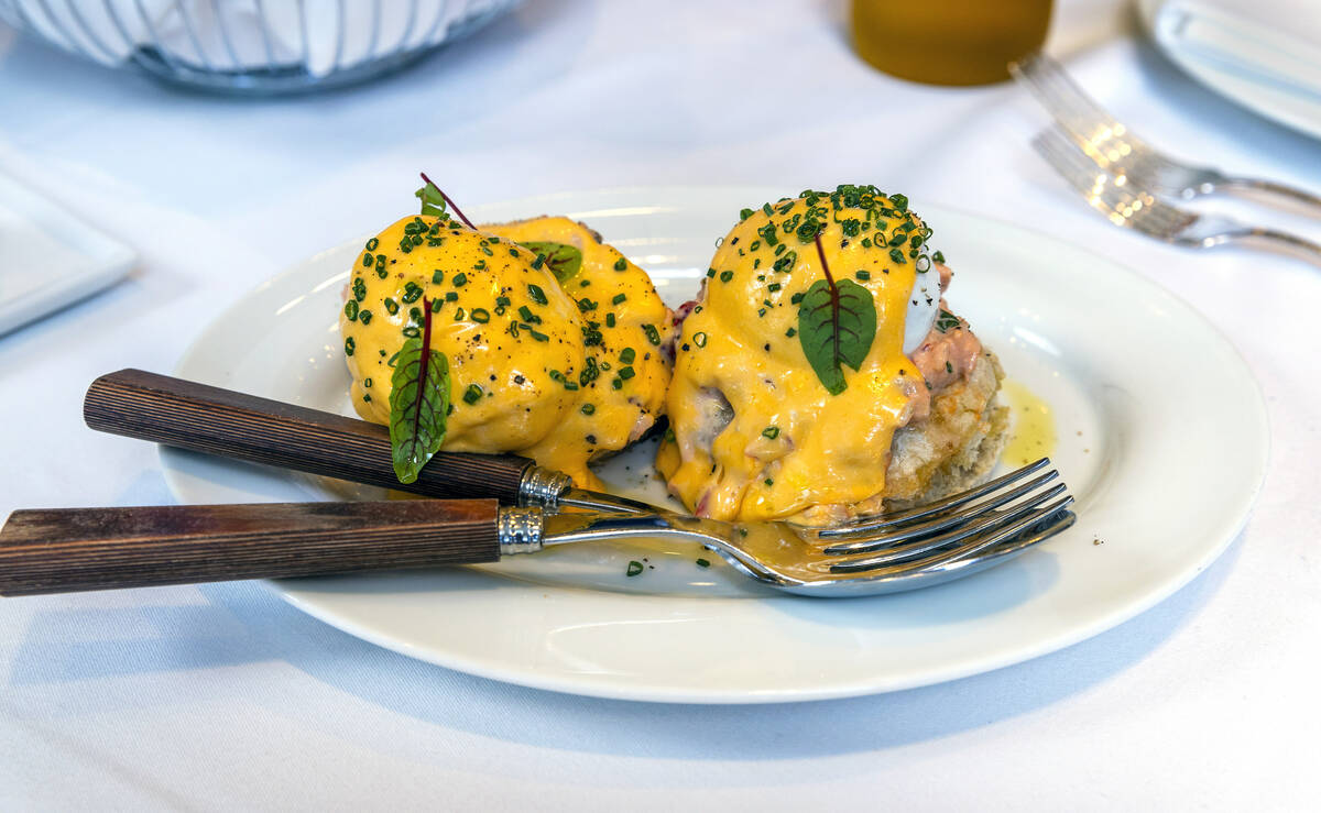 Lobster Eggs Benedict with toasted English muffin, lobster hollandaise sauce during brunch at L ...