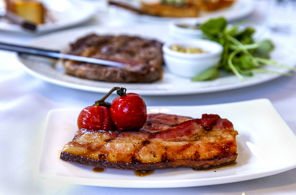 Glazed Slab Bacon which is a double cut grilled applewood bacon with banyuls maple glaze during ...