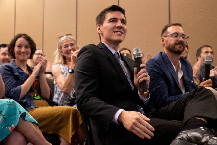 Las Vegan James Holzhauer, center right, a professional sports gambler and former Jeopardy winn ...