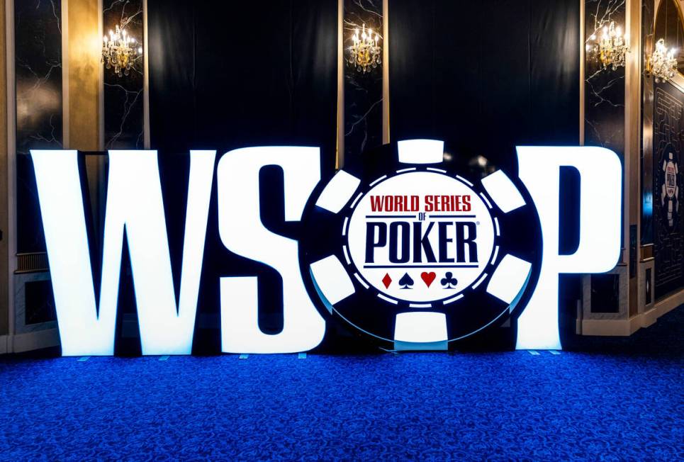 Logo for the WSOP during the opening event Champions Reunion No-Limit Hold’em Freezeout ...