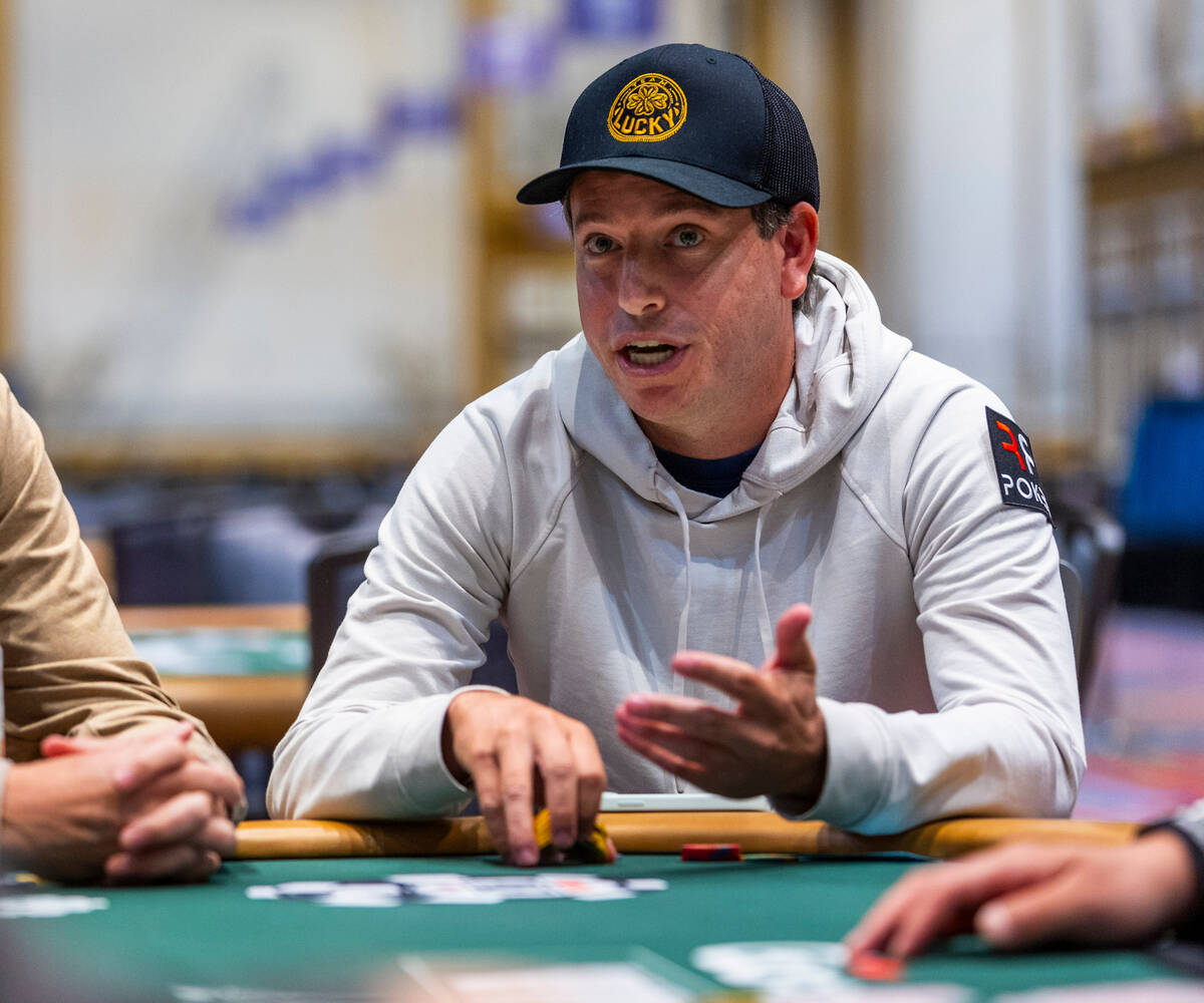 Daniel Weinman talks to another player during the WSOP opening event Champions Reunion No-Limit ...