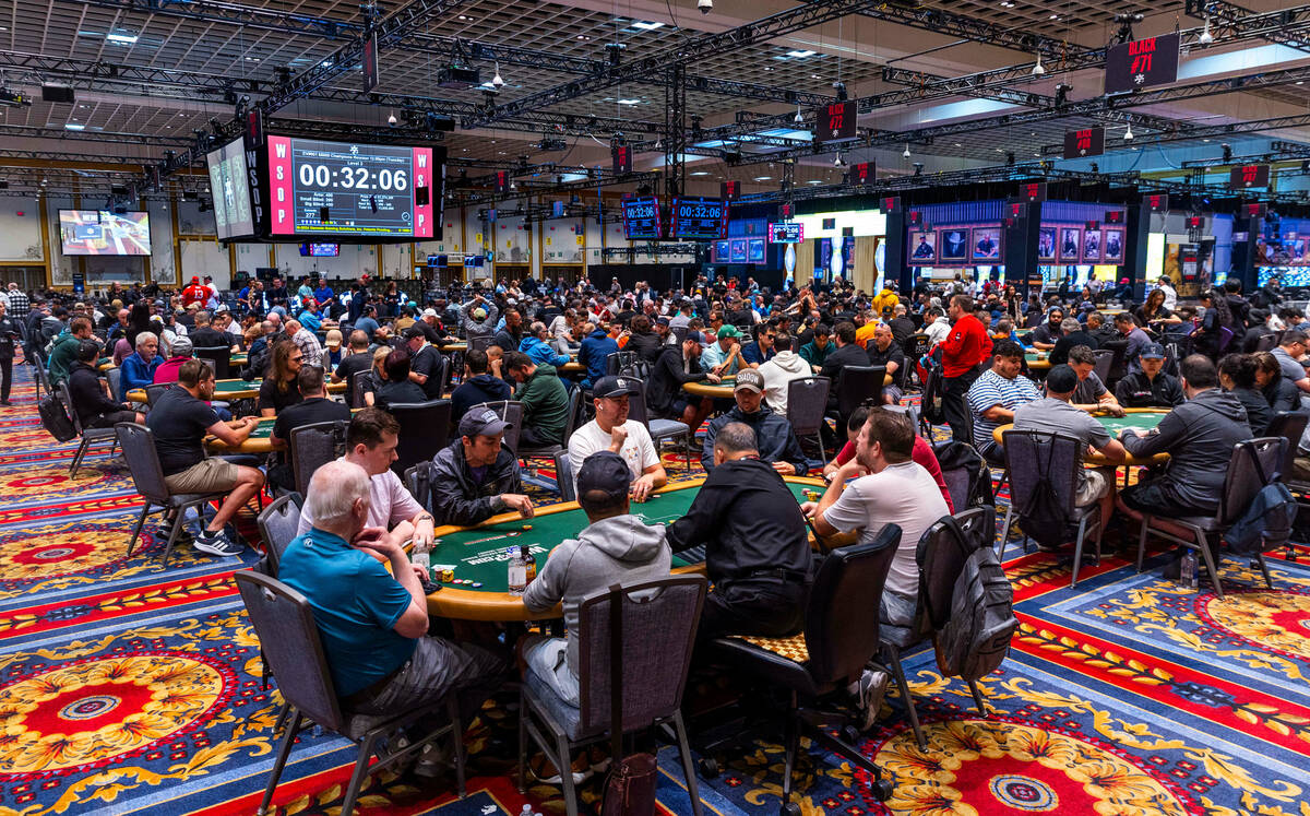 Play continues during the WSOP opening event Champions Reunion No-Limit Hold’em Freezeou ...