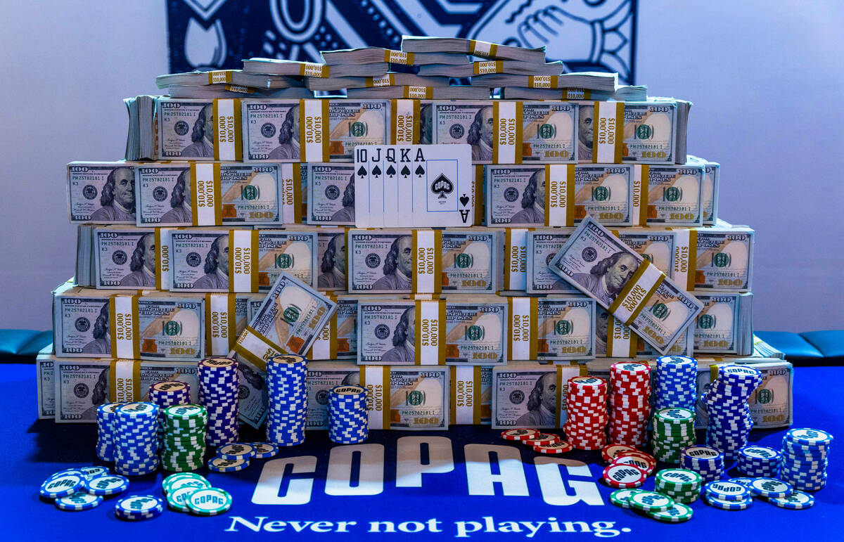 A track of cash atop a Copag poker table outside the WSOP opening event Champions Reunion No-Li ...