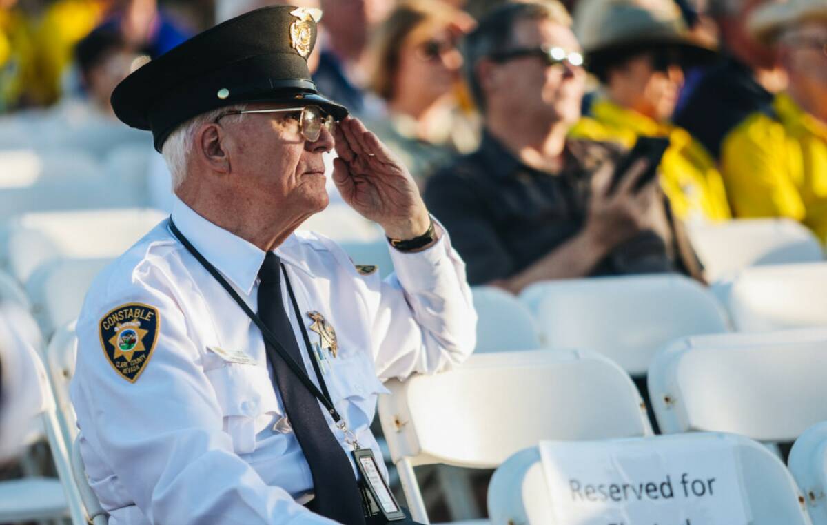 Laughlin constable Jordan Ross salutes during the Southern Nevada Law Enforcement Memorial Cere ...