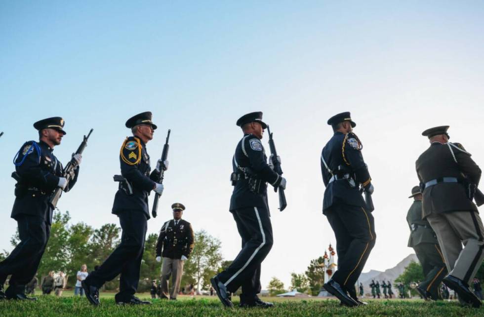 The North Las Vegas Police Honor Guard marches forward during the Southern Nevada Law Enforceme ...