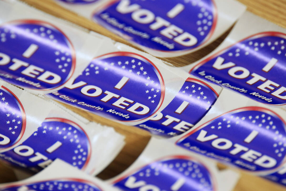 “I Voted” stickers are seen during early voting at the Galleria Mall in Henderson ...