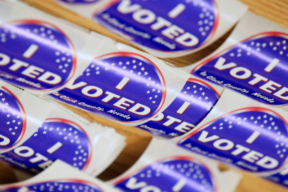“I Voted” stickers are seen during early voting at the Galleria Mall in Henderson ...