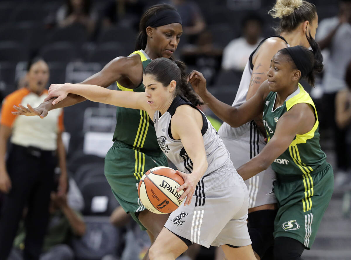 San Antonio Stars guard Kelsey Plum (10) drives with the ball during the second half of a WNBA ...