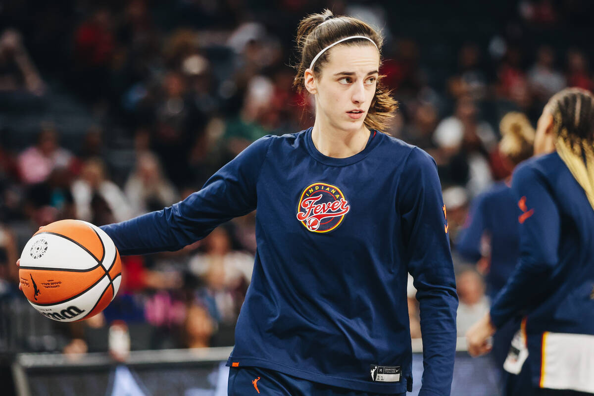 Indiana Fever guard Caitlin Clark (22) warms up during a game between the Aces and Indiana Feve ...