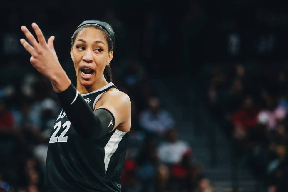 Aces center A'ja Wilson (22) makes a comment to a referee during a game between the Aces and In ...