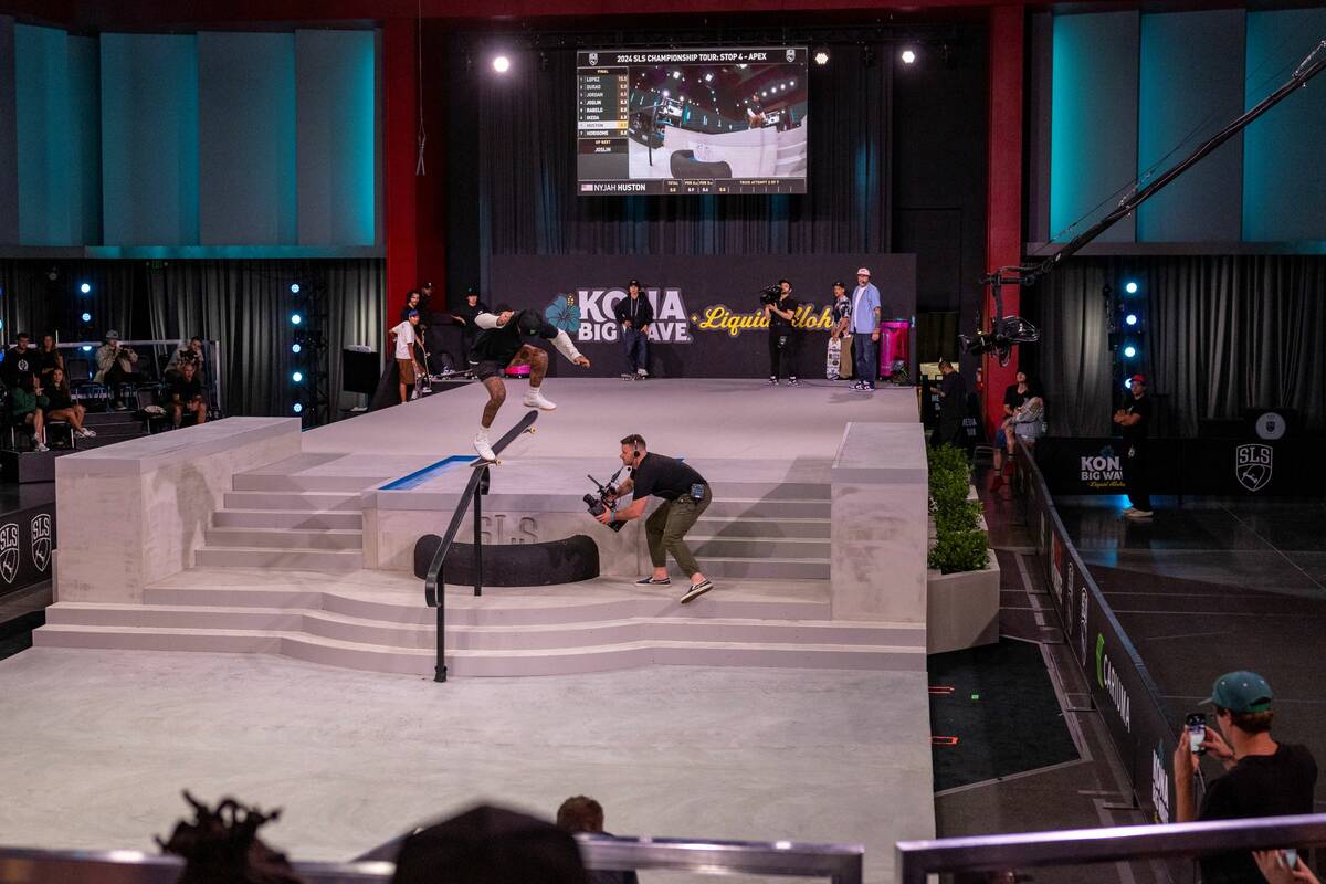 Nyjah Huston competes in the Street League Skateboarding event Saturday, May 25, 2024, at the U ...