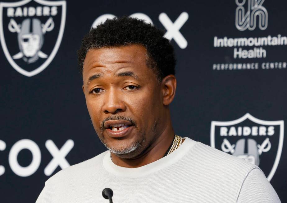 Raiders defensive coordinator Patrick Graham speaks during a news conference before organized t ...