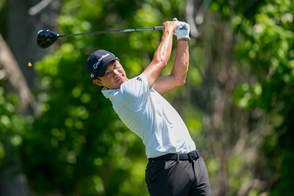 Collin Morikawa tees off the sixth hole during the first round of the Charles Schwab Challenge ...