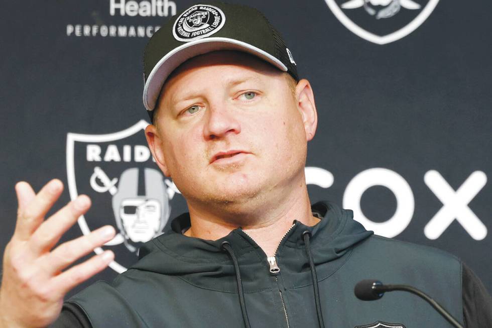 Raiders offensive coordinator Luke Getsy speas during a news conference before organized team a ...