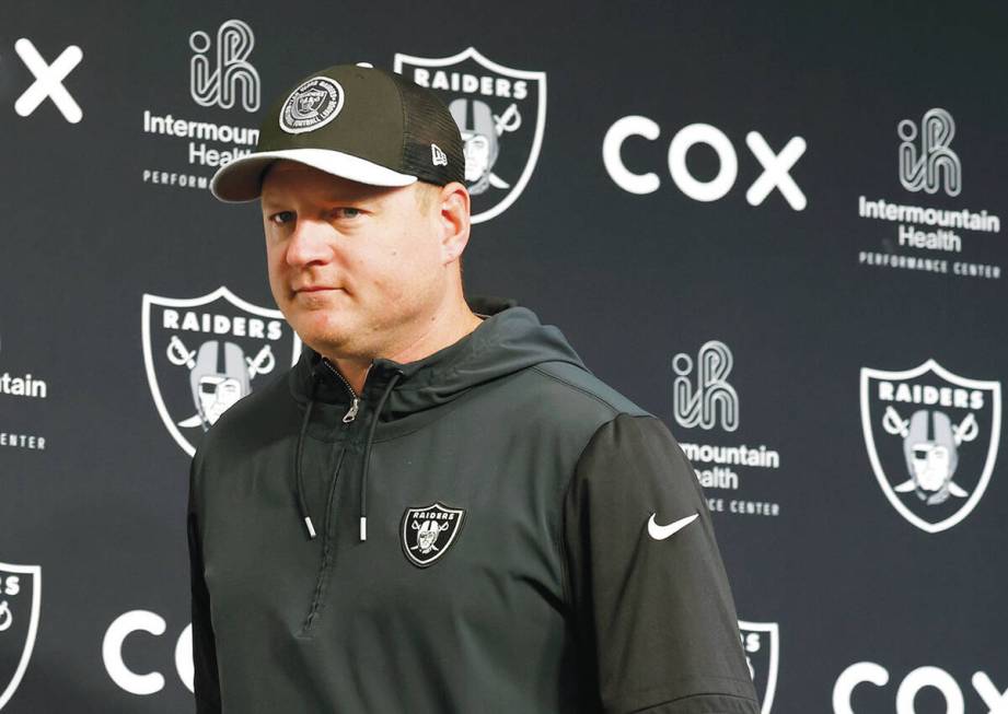 Raiders offensive coordinator Luke Getsy leaves the podium after speaking during a news confere ...