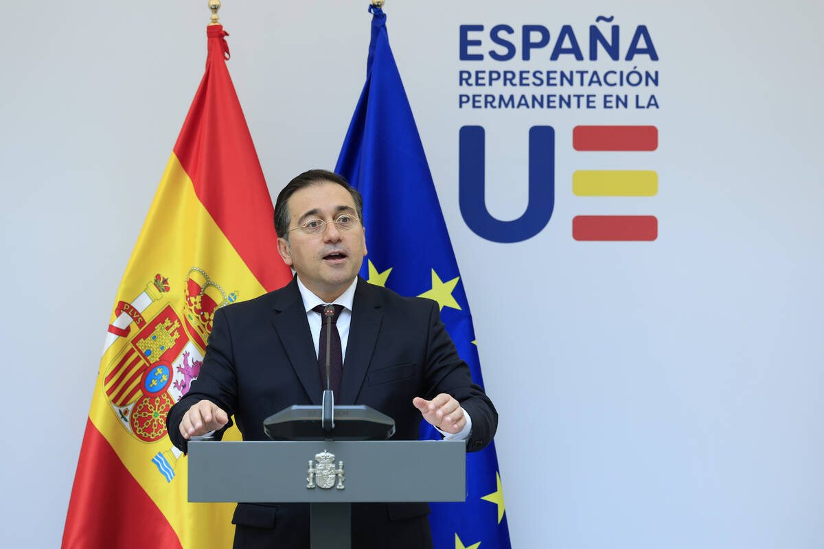 Spain's Foreign Minister Jose Manuel Albares Bueno addresses a media conference prior to talks ...