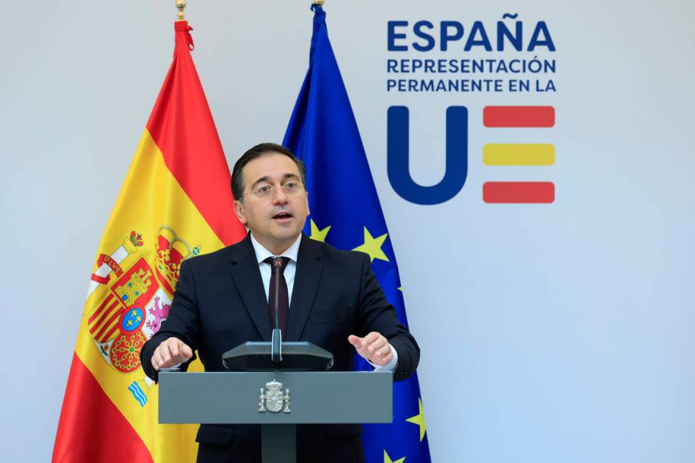 Spain's Foreign Minister Jose Manuel Albares Bueno addresses a media conference prior to talks ...