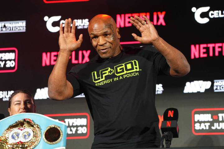 Mike Tyson speaks onstage during the Jake Paul vs. Mike Tyson boxing match press conference at ...