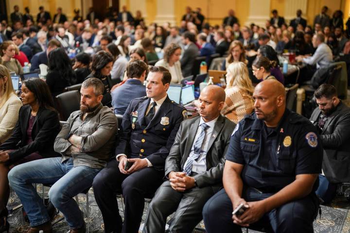 From left, former D.C. Metro Police Officer Michael Fanone, Metropolitan Police Officer Daniel ...