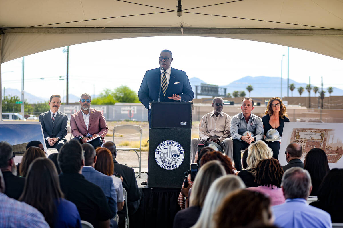 Las Vegas City Councilman Cedric Crear addresses the audience at a groundbreaking event for the ...