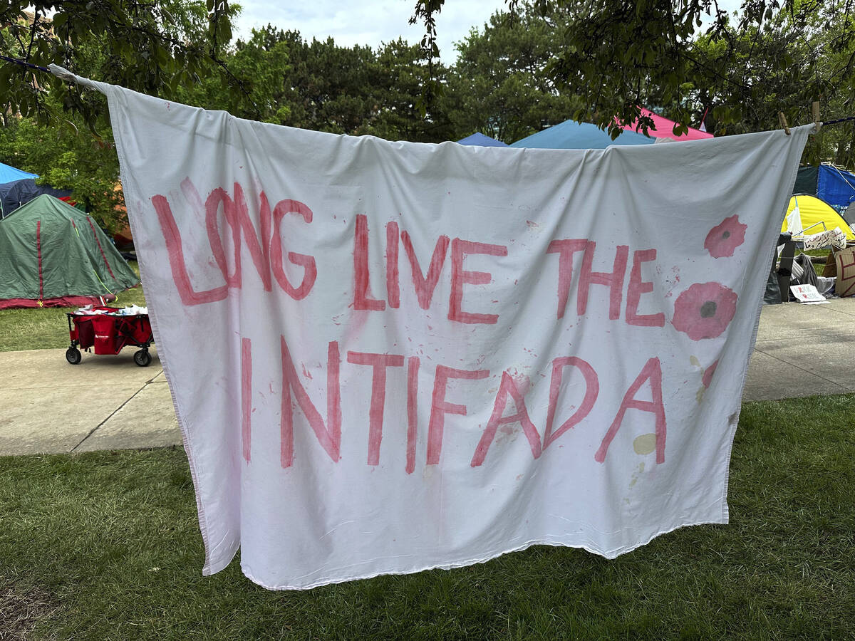 A pro-Palestinian encampment is shown Tuesday, May 28, 2024, on the campus of Wayne State Unive ...