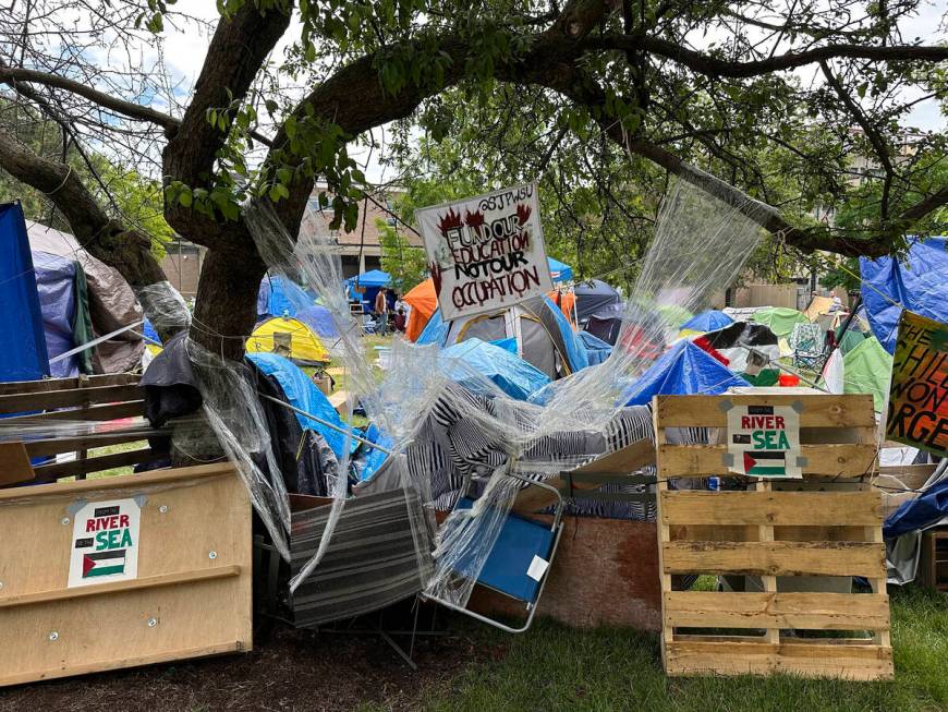 A pro-Palestinian encampment is shown Tuesday, May 28, 2024, on the campus of Wayne State Unive ...