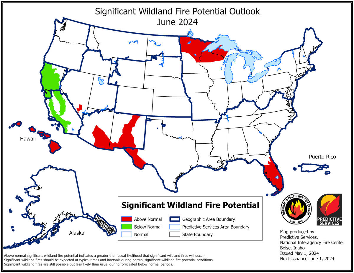 A National Interagency Fire Service projection shows above normal fire conditions for parts of ...