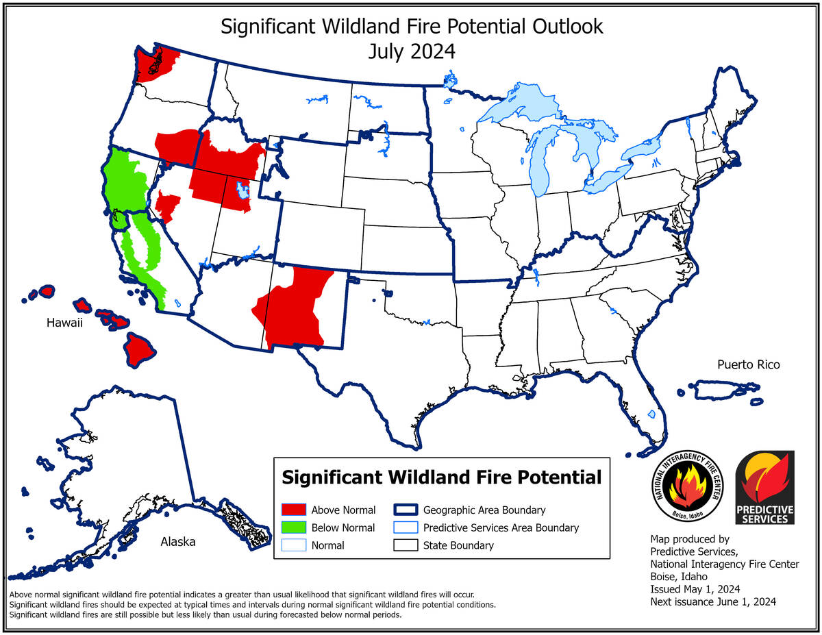 A National Interagency Fire Service projection shows above normal fire conditions near Reno and ...