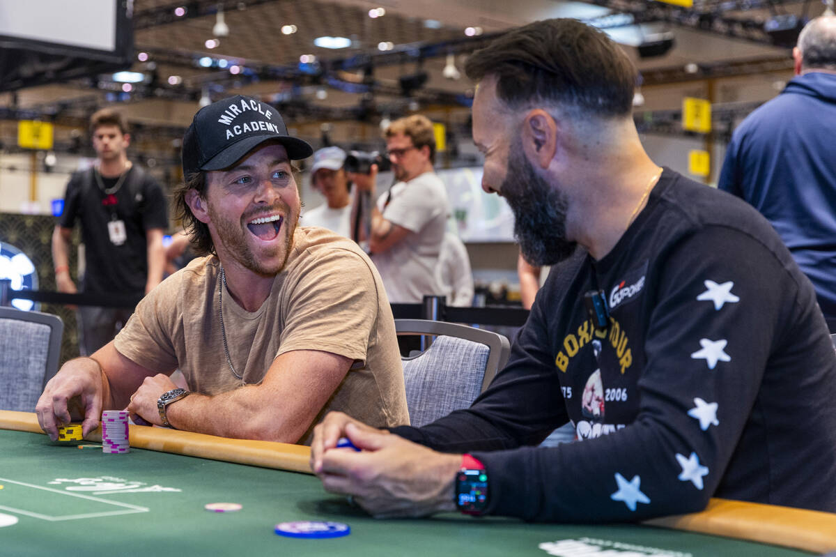 The Golden Knights Jonathan Marchessault shares a laugh while playing poker with Daniel Negrean ...