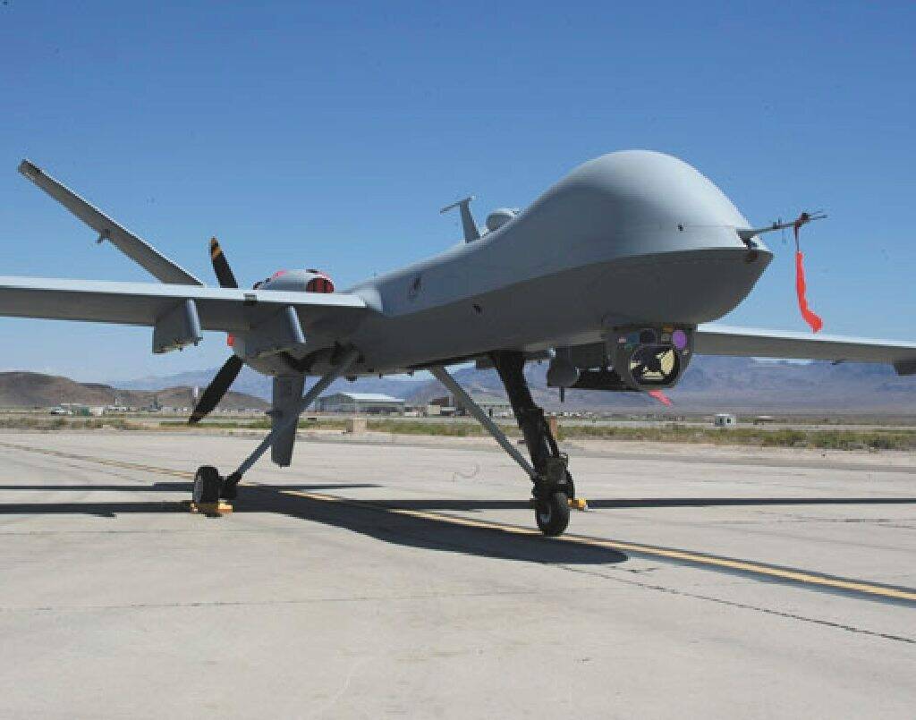 A MQ-9 Reaper unmanned aerial vehicle is shown on the flight line at Creech Air Force Base Mond ...