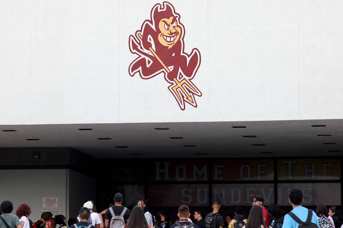 Students arrive for the first day of the school year at Eldorado High School in Las Vegas Monda ...