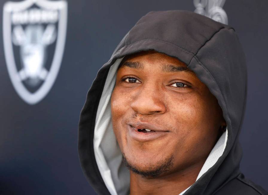 Raiders running back Zamir White addresses the media after team's practice at the Intermountain ...