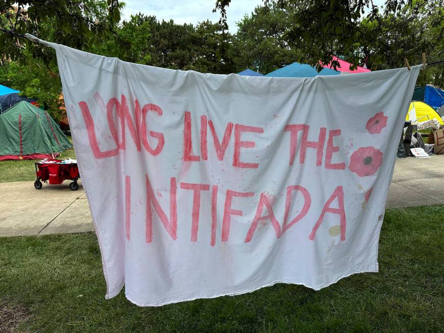 A pro-Palestinian encampment is shown Tuesday, May 28, 2024, on the campus of Wayne State Unive ...