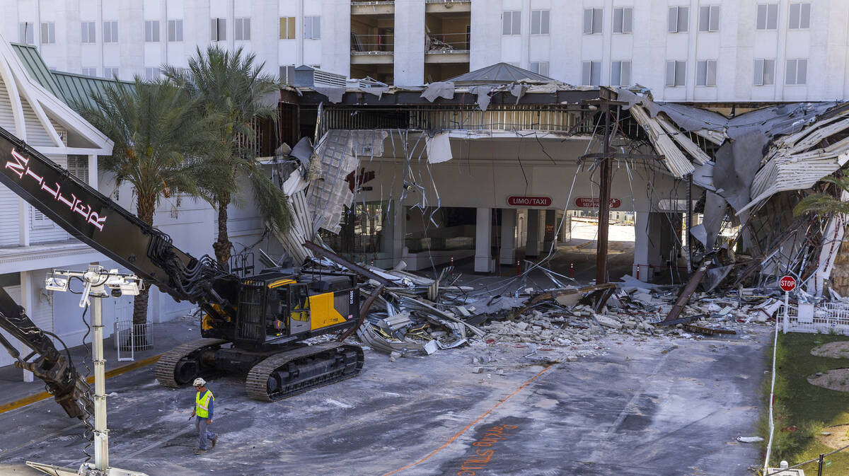 Large machinery is in place as demolition continues about the porte-cocheres at the Tropicana o ...