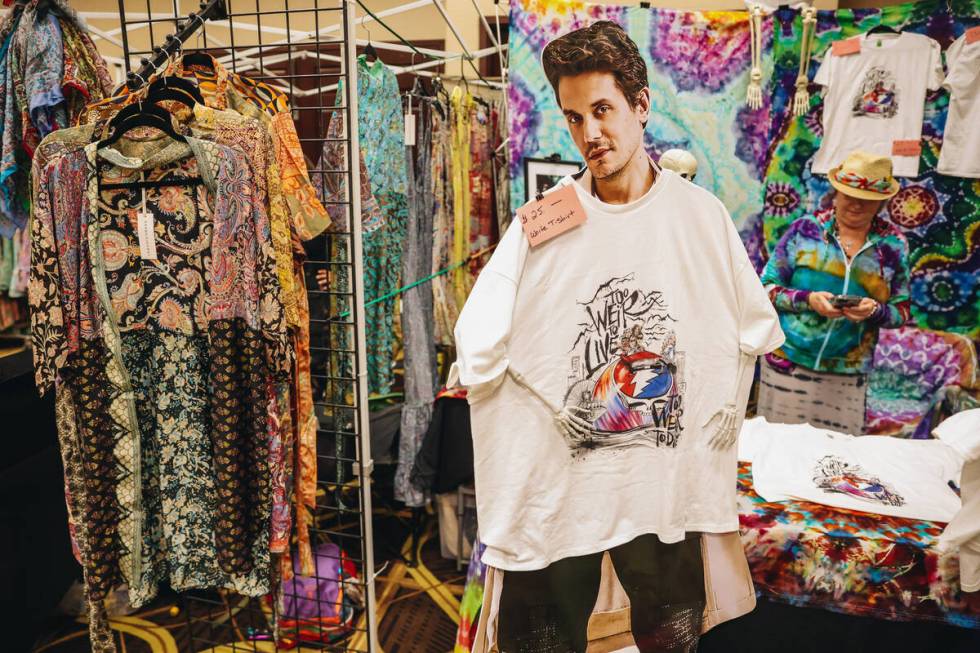 A cardboard cutout of John Mayer sports a Grateful Dead shirt at a booth inside of Shakedown St ...