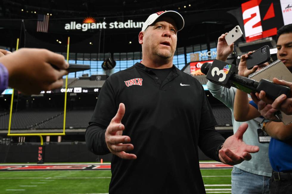 UNLV head coach Barry Odom talks to the media during UNLV football’s Spring Showcase scr ...